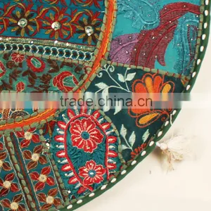 Indian Meditation Green Cushion Covers Indian Round Ethnic Patchwork Pillows Bohemian Vintage Floor Pillows thumbnail-2