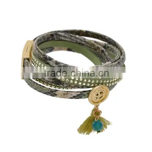 Wholesale Multi Layer Gray Green Snake Leather Bracelet Fashion Charm Tassel Leather Bangle With Magnetic Clasp thumbnail-1