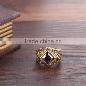 Vintage Cubic Zircon Engrave Antique Gold 316L Stainless Steel Rings Band for Men thumbnail-5