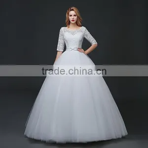 MGOO Custom Made Less 100 USD Tulle Lace Applique Wedding Dress Slash Neck 3/4 Sheer Neck Elegant Handmade thumbnail-2