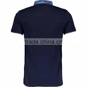 Male's Navy Pure Cotton Slim Fitted Polo Shirt With Patterned Collar thumbnail-2