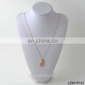 Rose Quartz Pendant Necklace White Rhinestone Gold Leaves Simple Chain Raw Crytal Necklaces thumbnail-1