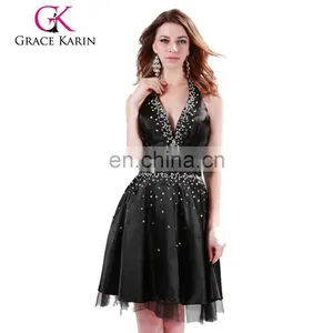 Grace Karin Sexy Women Backless Golden and Black Color Halter Cocktail Dresses CL4416 thumbnail-1