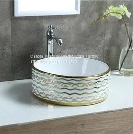 Hot Selling Bathroom Tabletop Golden Hand Painted Ceramic Oval Wash Art Basin Sink From Chaozhou China Manufacturer thumbnail-3