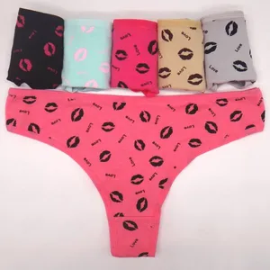 Very Sexy Lip Print T Back Breathable Cotton Thongs Good Elastic Panty For Lady thumbnail-4