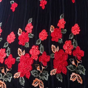 Chinese Red Rose Velvet Satin Embroidery Lace Fabric for Wedding Dress thumbnail-1