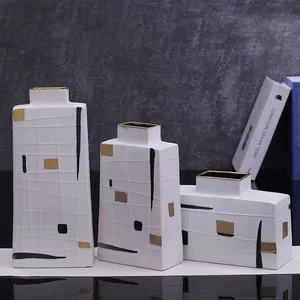 Geometric Pattern Gild Creative Unique White Square Flat Ceramic Flower Vase For Living Room thumbnail-1