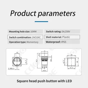 Ip65 16mm Plastic Flat Head 12v 24v 1no1nc Illuminated Square Push Button Reset thumbnail-3