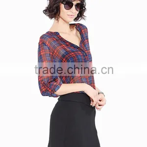 Women's Basic Classic Lightweight Collar Plaid Chiffon Shirt thumbnail-2
