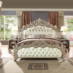 Bisini Italian Royal Hand Carved Wooden Bedroom King Size Bed With Leather Headboard/European Solid Wood Furniture(MOQ=1 SET) thumbnail-1
