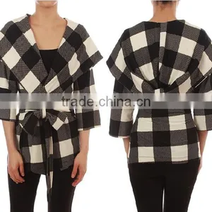 HOODED COAT Manufacture Factory Women Lady PLAID PRINT 3/4 SLEEVE ENLARGED NOTCHED COLLAR HOODED COAT WITH WAIST TIE thumbnail-1
