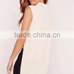 Plain White Women Knitwear With Split Hem Cut Out Front Ladies Sweater Choker Neck Chunky Tunic Cream thumbnail-2