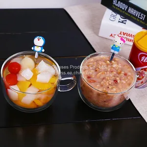 Logo Customized Double Walled Glass Bowl With Handle Doule Layer Glass Bowl For Salad Oatmeal Bowl thumbnail-1