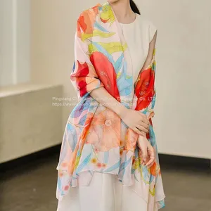 Beach Silk Scaves Moire Sunscreen Scarf Square Scarf Flowers Paintings High Quality thumbnail-1