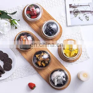 Flat Round Bamboo Cake Serving Plate Wood Dessert Stand Cheese Display With Dome Lid thumbnail-1