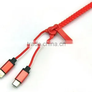 High Speed 2 in 1 Zipper USB Cable Multi USB Charging Connector Cable For Smartphone thumbnail-3