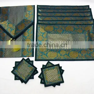 Placemats and Coaster in Green Color Indian Silk Table Runner thumbnail-1