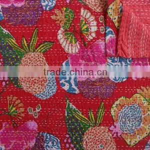 Red Tropical Queen Size Bedspread, Handmade Cotton Kantha Quilt, Reversible Designer Bedding, Room Decor, Indian Kantha Work thumbnail-2