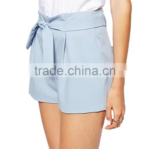 2014 China Supplier Pale Blue High-rise Shorts With Attached Tie Waist Belt Woman Sexy Teens Hot Pants Shorts thumbnail-3