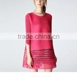 Woman Pleat Round Neck Flower Splicing Loose Dresses Wholesale thumbnail-4