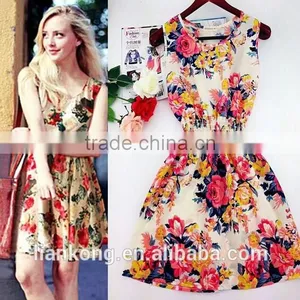 2015 Spring Summer New Korean Style Women Clothing Casual Bohemian Floral Leopard Sleeveless Vest Printed Beach Chiffon Dress thumbnail-1
