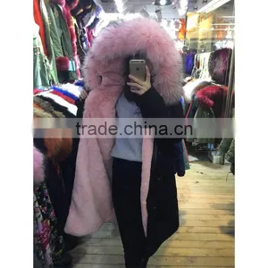 2017 FASHION Women Winter Wear Light Pink Fur Long Black Jacket Raccoon Fur Collar Mrs Furs Parka thumbnail-2