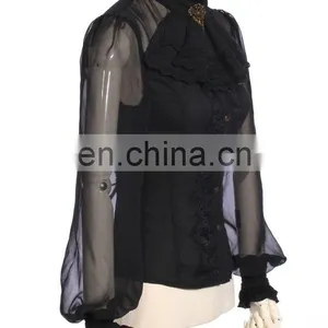 RQBL Gothic Women's Transparent Shoulders and Sleeves Blouse With Jabot thumbnail-2