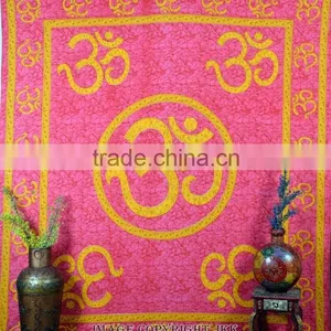 Indian Tapestry Cotton OM Print Pink Wall Hanging Tapestries Throw Mandala Print thumbnail-2