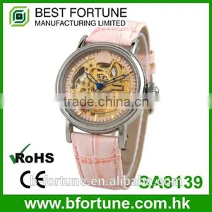 SA8139 IP Rose Gold Vintage Leather Strap Skeleton Auto Watch thumbnail-1