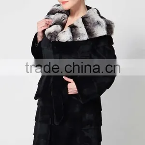 Rex14071 Black Rex Rabbit Fur Coat With Chinchilla Color Hood and Belt thumbnail-1