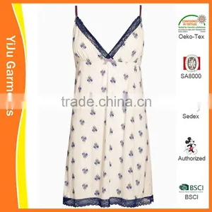 Lady Flower Printing Lace Sexy Strap Cotton Pajama Sleepwear Dress thumbnail-1