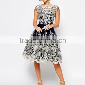 Chinese Clothing Manufacturers Metallic Lace Midi Prom Dress With Bardot Neck thumbnail-2