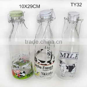 2016 Hot Selling 1 Liter Cylinder With Elegant Decal Glass Milk Bottle With Clamp Lids thumbnail-1