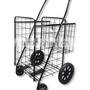 Folding Metal Supermarket Shopping Cart With Double Basket and Wheels thumbnail-1