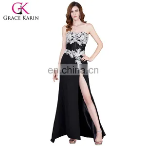 Grace Karin Hot Sale Sweetheart Neckline Chiffon Split Leg Long Black Lace Prom Dress CL7519 thumbnail-1