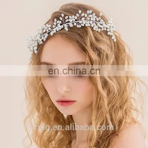 Crystal Pearl Hair Crown Tiaras Silver Leaves Headbands for Women thumbnail-2