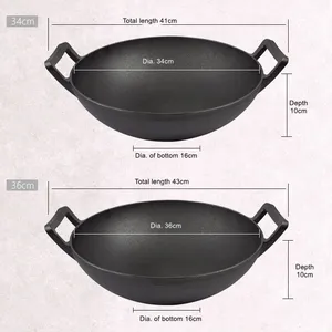 Chinese Traditional Black Round Pre-flavored Non Stick Pan 32/36cm Thickened Flat Cast Iron Wok With Double Handle thumbnail-2