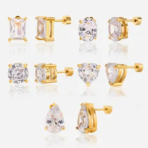 Gold Plated Stainless Steel Stud Earrings for Women Cubic Zirconia Diamond Earrings Hypoallergenic Waterproof Jewelry Set thumbnail-3
