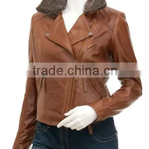 Women Leather Jackets & Cognac Color and Fur on Collar thumbnail-1