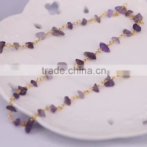 Gold Plated Wire Wrapped Beaded Rosary Chains Amethyst Quartz Stone Beads Jewelry Chain thumbnail-4