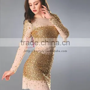 Stunning Sexy Heavy Beaded Long Sleeve Knee Length Round Neck Elegant Yellow Gold Bridesmaid Dresses thumbnail-3