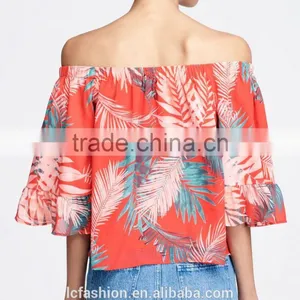Tropical Plant Print Tunic Tops off the Shoulder Puff Sleeve Womens Shirts thumbnail-3