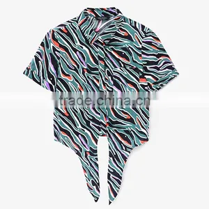 Custom OEM Service Women All Over Printed Swallow Tail Short Sleeve Lady Blouse & Top With Stand Collar thumbnail-6