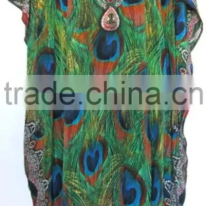 Peacock DIGITAL Print Crepe Silk Kaftan CAFTAN Tunic Poncho Blouse PEACOCK PRINT thumbnail-1