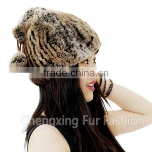CX-C-240A Winter Hand Knitted Rugby Genuine Rex Rabbit Fur Knit Fur Hat thumbnail-2