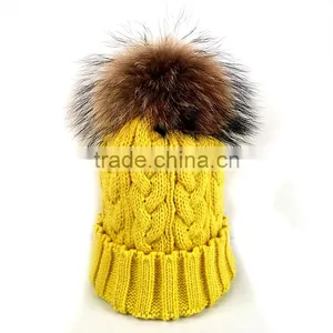 Myfur New Color Yellow Adults Large Raccoon Fur Ball Winter Knit Hat thumbnail-1