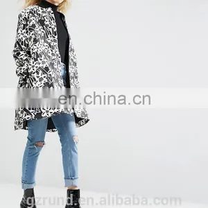 China Supplier Wholesale OEM ODM New Fashion Lady Winter Coat, Black and White Print Floral Satin A- Line Coat With Rib Detail thumbnail-2