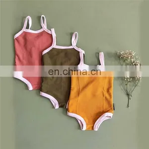 Summer Strap Draw String Organic Cotton Ribbed Newborn Clothes Baby Romper thumbnail-1