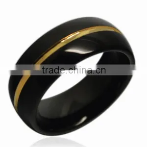8mm Black Tungsten Carbide Domed Ring 24k Gold Plated Center Groove Men Ring thumbnail-1