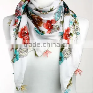 Turkish Scarf Square Cotton Oya Yazma Handmade Cowl With Lace Edge Shawl Pashmina Yemeni Weil NWOT thumbnail-1